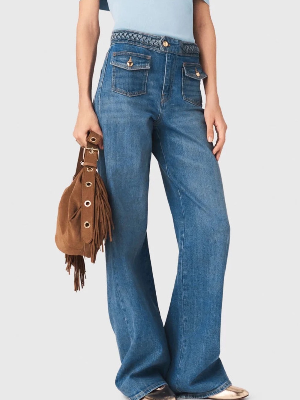 Maje Braided Waist Wide Leg Jeans size 36 Small $365